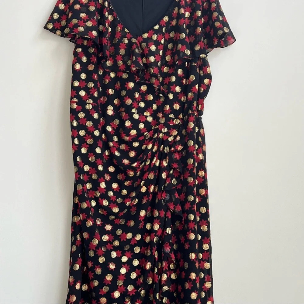 Lane Bryant 18 Surplice Frilly Ruffled Fitted Midi Dress Haley Floral Gold Dot - Picture 6 of 14